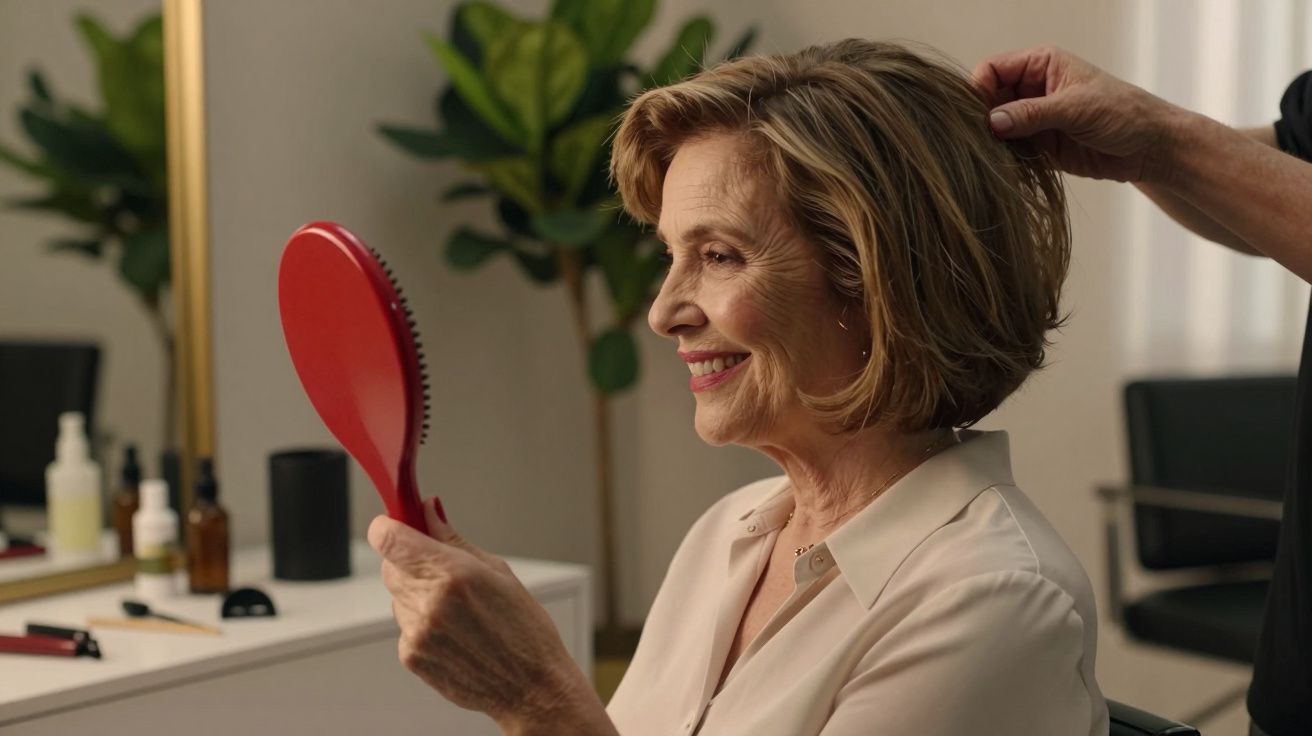 Mulher idosa sorridente a olhar-se num espelho de mão enquanto alguém lhe arranja o cabelo.