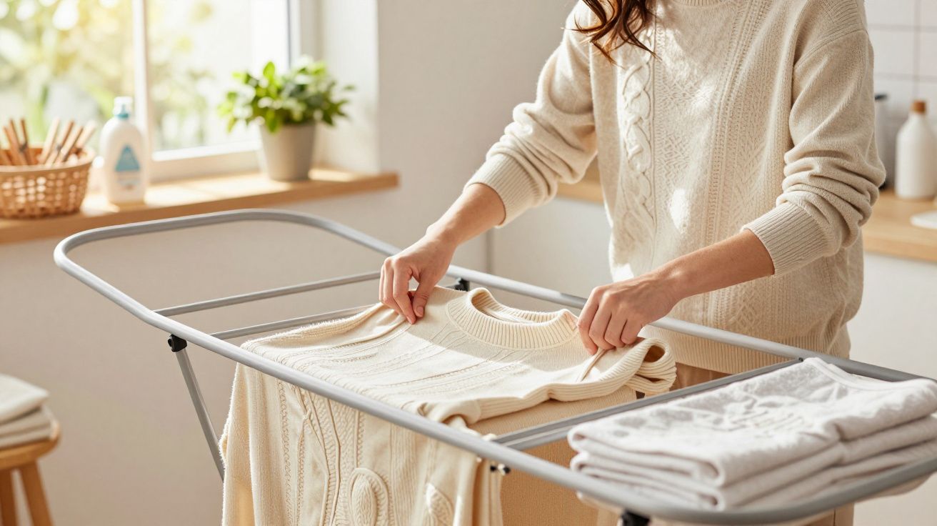 Pessoa a arrumar camisola de malha creme num estendal interior perto de janela com luz natural.