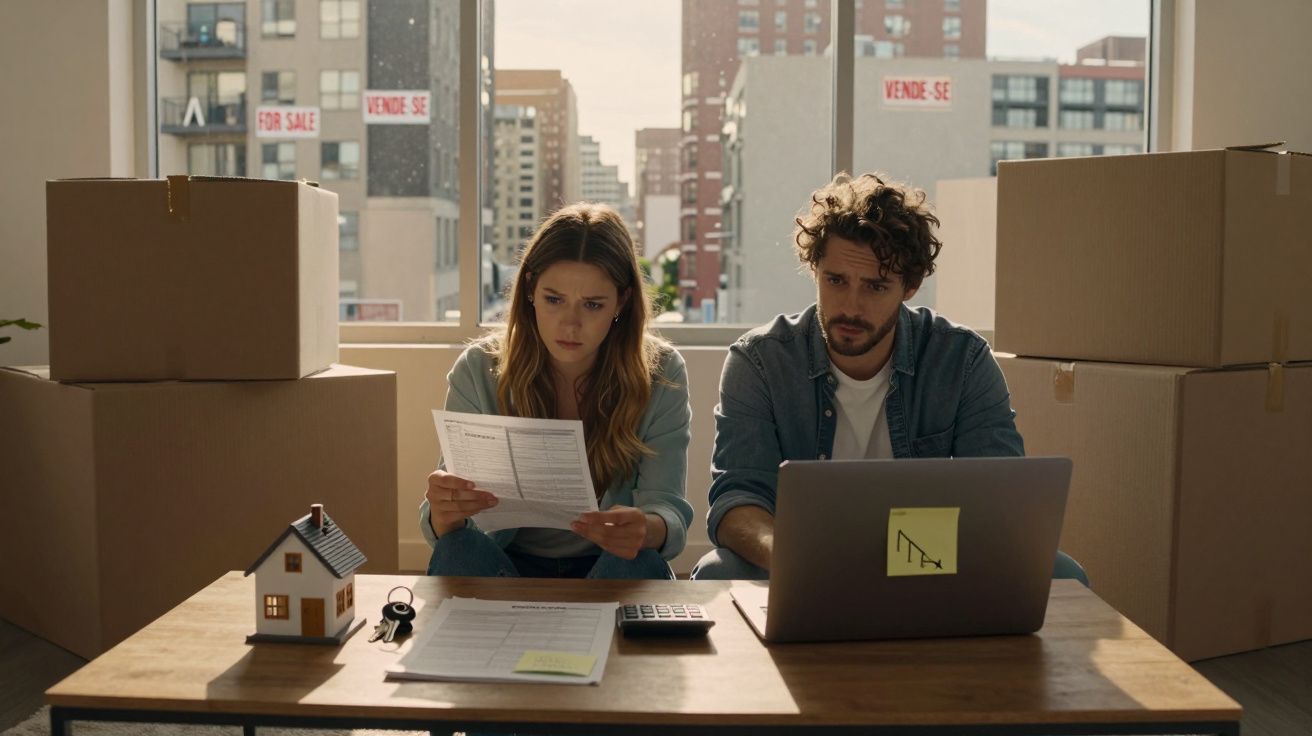 Casal preocupado a analisar documentos num apartamento vazio com caixas para mudança e placa de venda na janela.