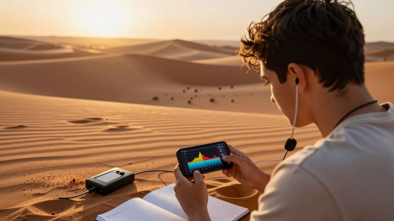 Jovem com auscultadores vê dados num telemóvel no deserto ao pôr do sol, com caderno aberto na areia.