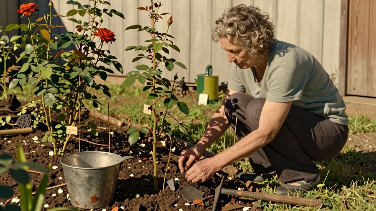 Pessoa idosa a cuidar de roseiras num jardim com ferramentas de jardinagem ao lado.