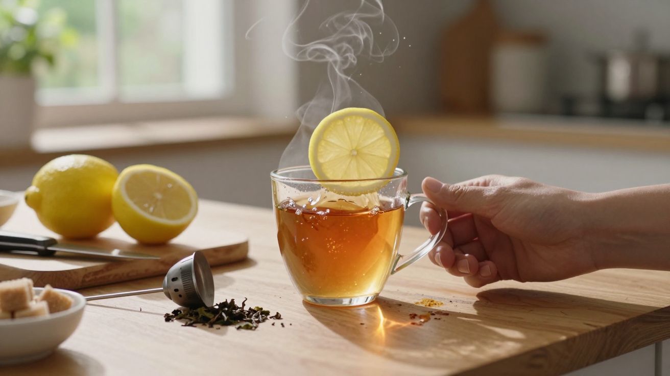 Mão a segurar chá quente com rodela de limão, limões e folhas de chá numa mesa de madeira.