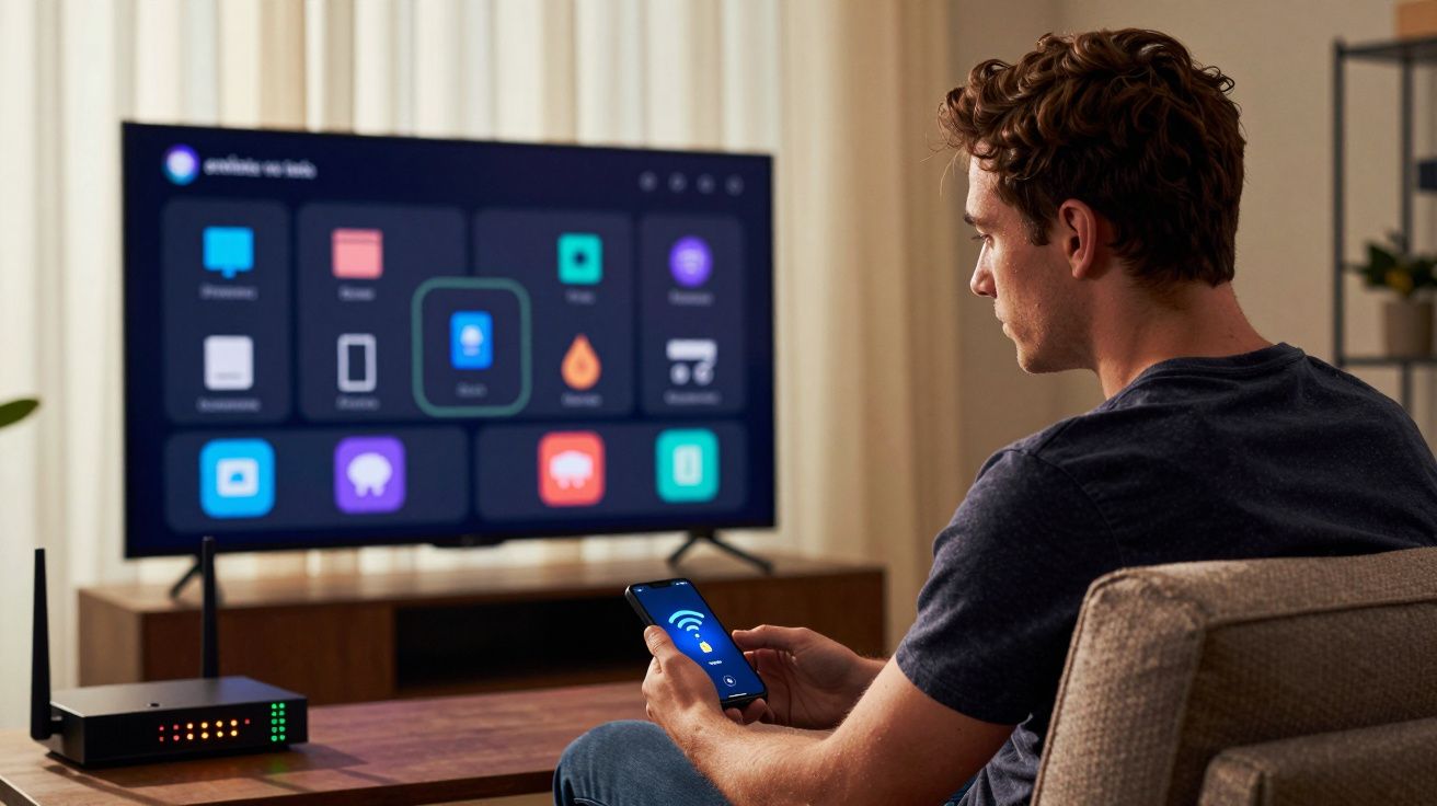 Homem sentado no sofá a usar smartphone para controlar televisão com menus digitais numa sala iluminada.