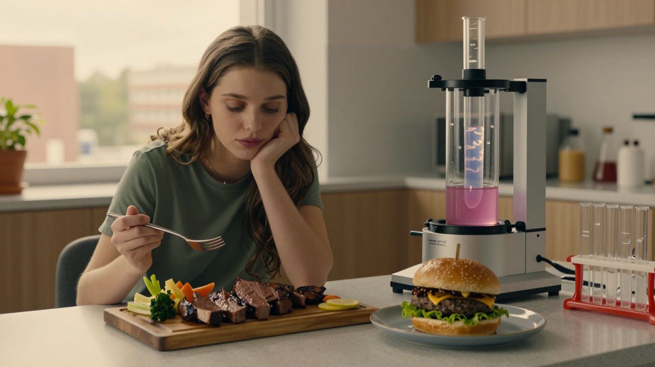 Jovem a olhar para bifes e legumes num tabuleiro à frente, com hambúrguer e equipamento de laboratório ao lado.