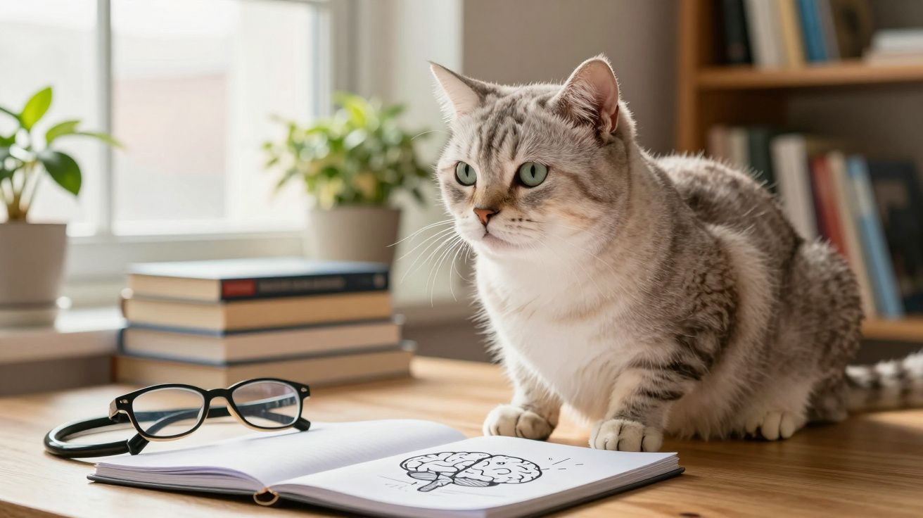 Gato cinzento com olhos verdes sentado numa mesa ao lado de um livro aberto com desenho de cérebro.