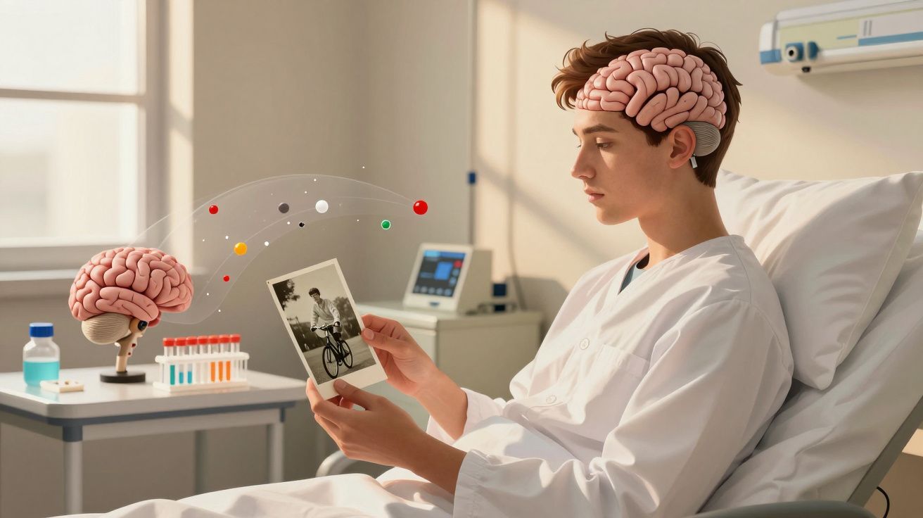 Homem deitado em cama de hospital com cérebro visível, olhando para foto antiga enquanto pensa.