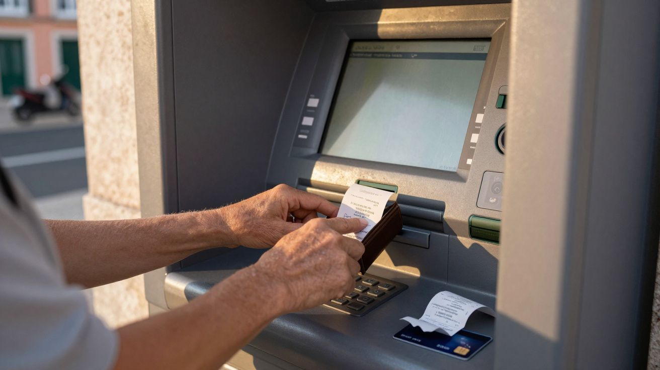 Pessoa a retirar comprovativo de levantamento num multibanco com cartão e carteira.
