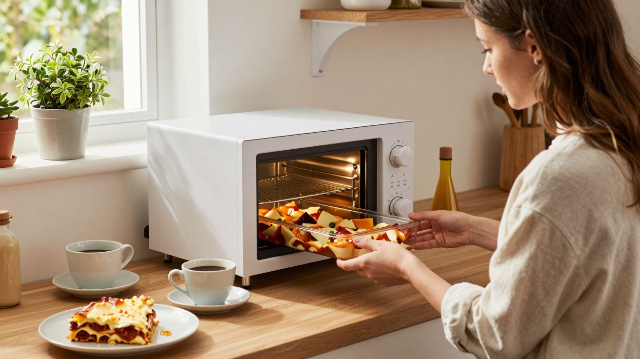 Mulher a tirar um tabuleiro com comida do forno elétrico numa cozinha iluminada e com plantas.
