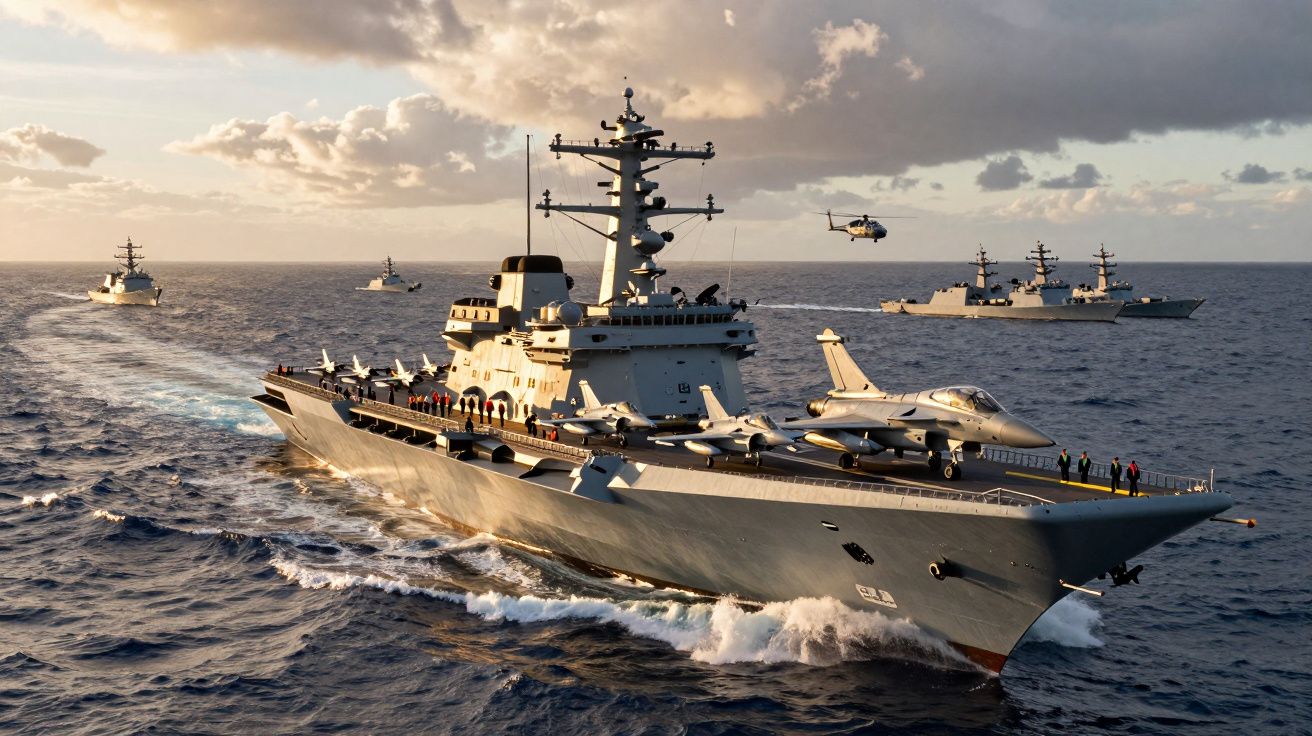 Porta-aviões militar em mar aberto com vários jatos na pista e outros navios de guerra ao fundo ao entardecer.