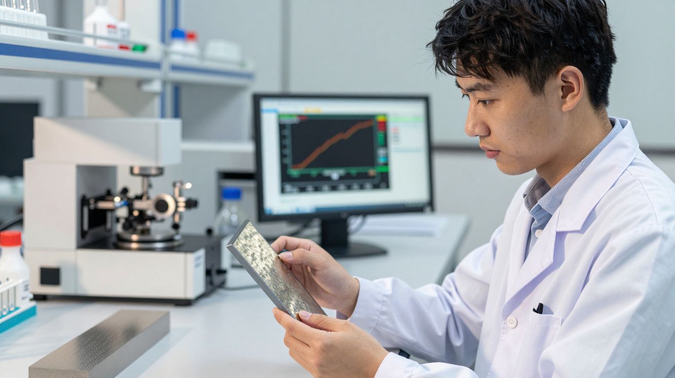 Cientista em bata branca analisa amostra metálica num laboratório moderno com equipamento científico e computador.