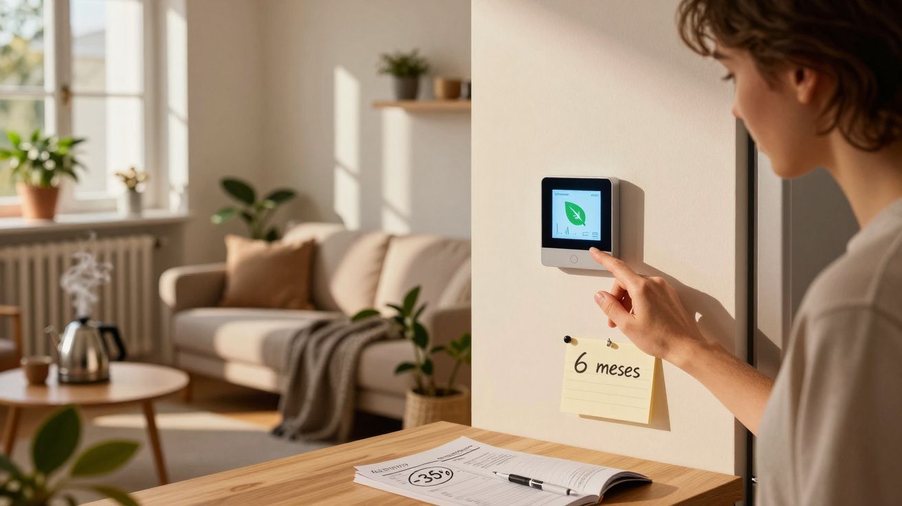 Pessoa ajusta termóstato digital numa sala de estar moderna e luminosa com plantas e móveis acolhedores.