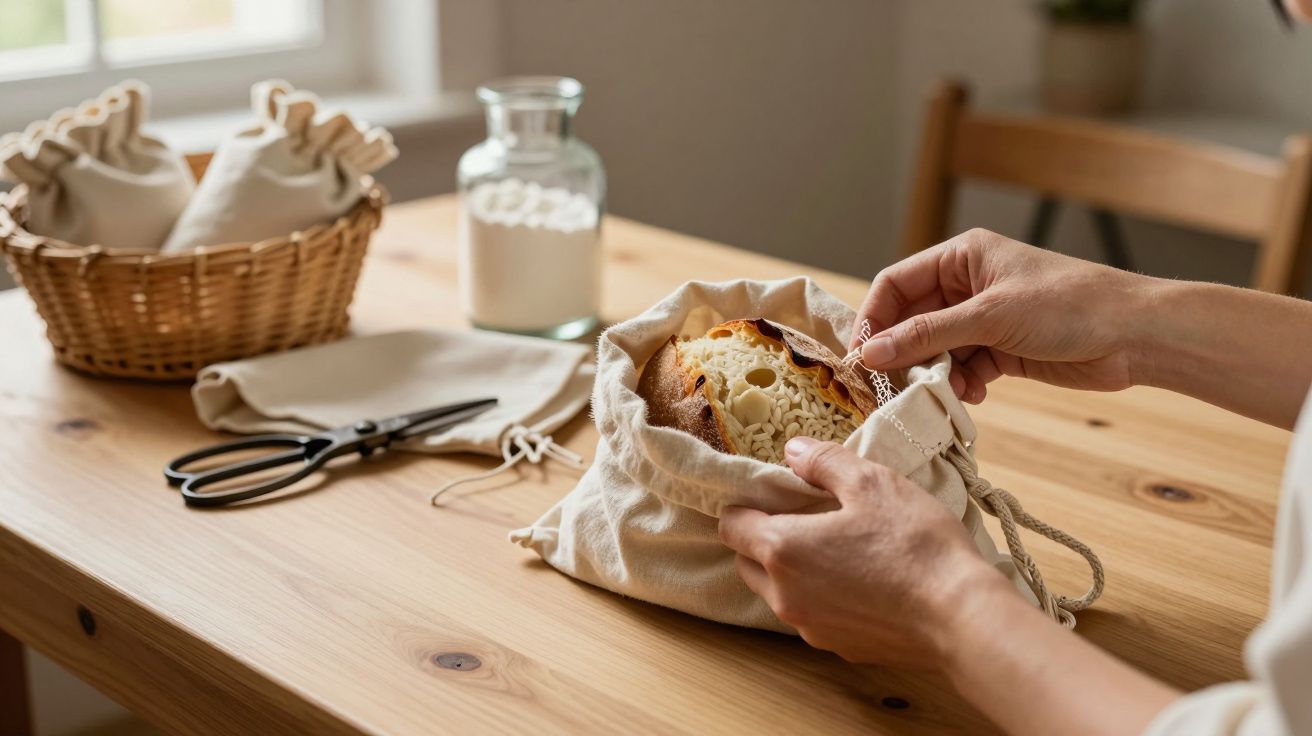 Mãos a guardar pão com amêndoas numa bolsa reutilizável de tecido numa mesa de madeira clara.