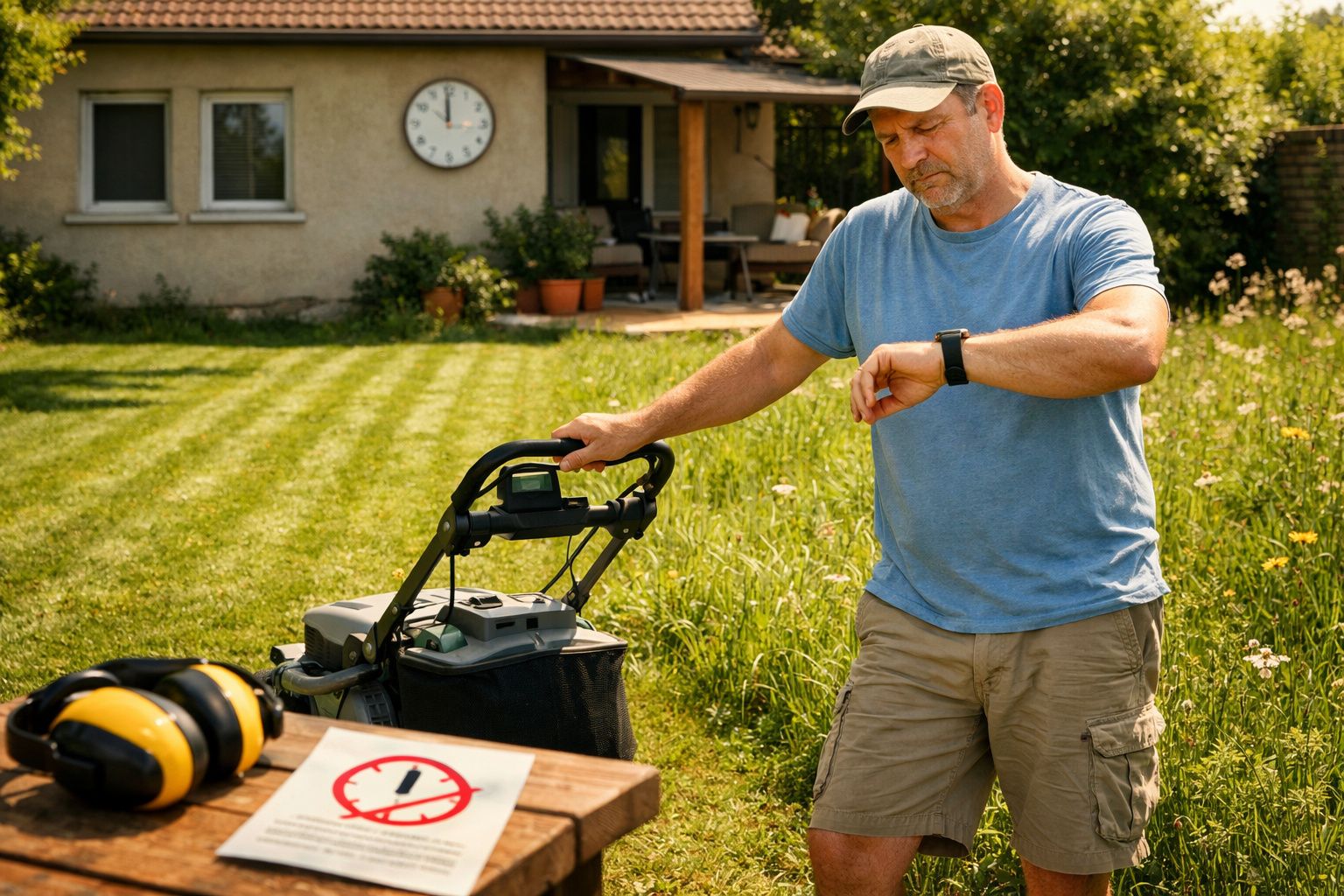Homem a cortar relva num jardim, a olhar para o relógio no pulso.