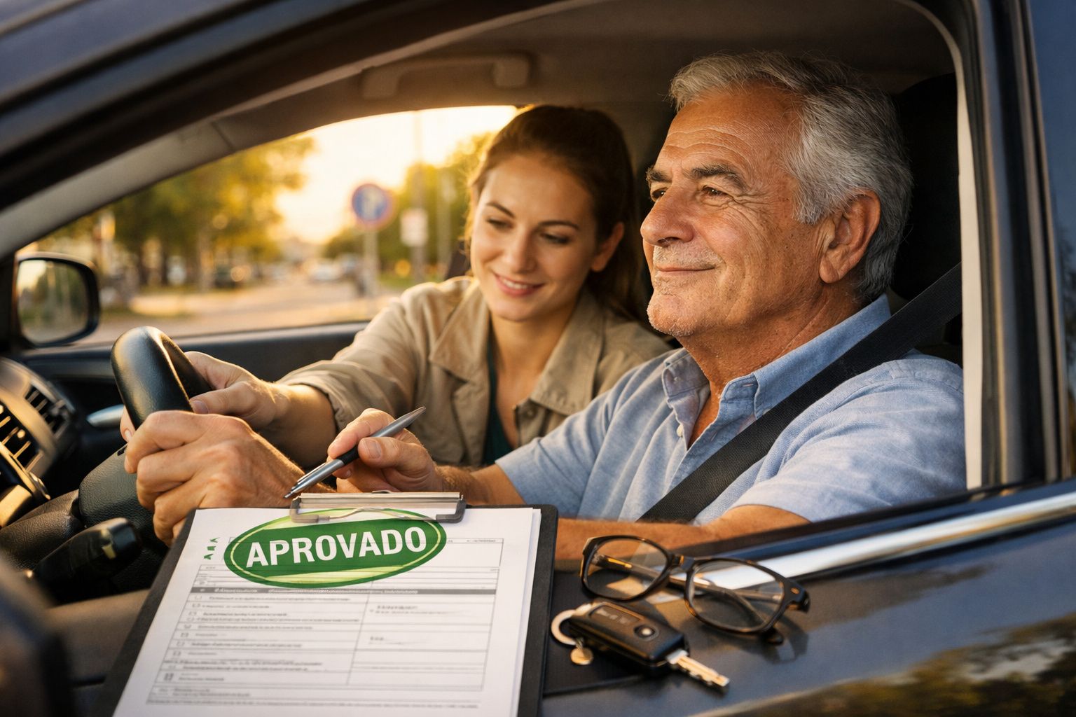 Homem mais velho a conduzir com instrutora sorridente ao lado e formulário aprovado num carro.