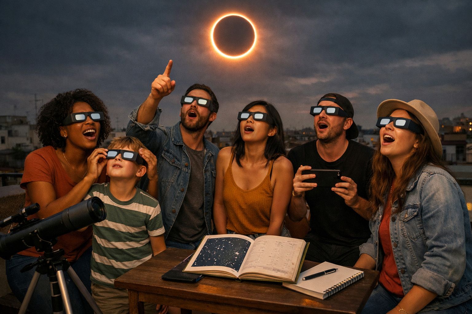 Grupo de pessoas a observar eclipse solar com óculos de proteção, com livros e telescópio à mesa.