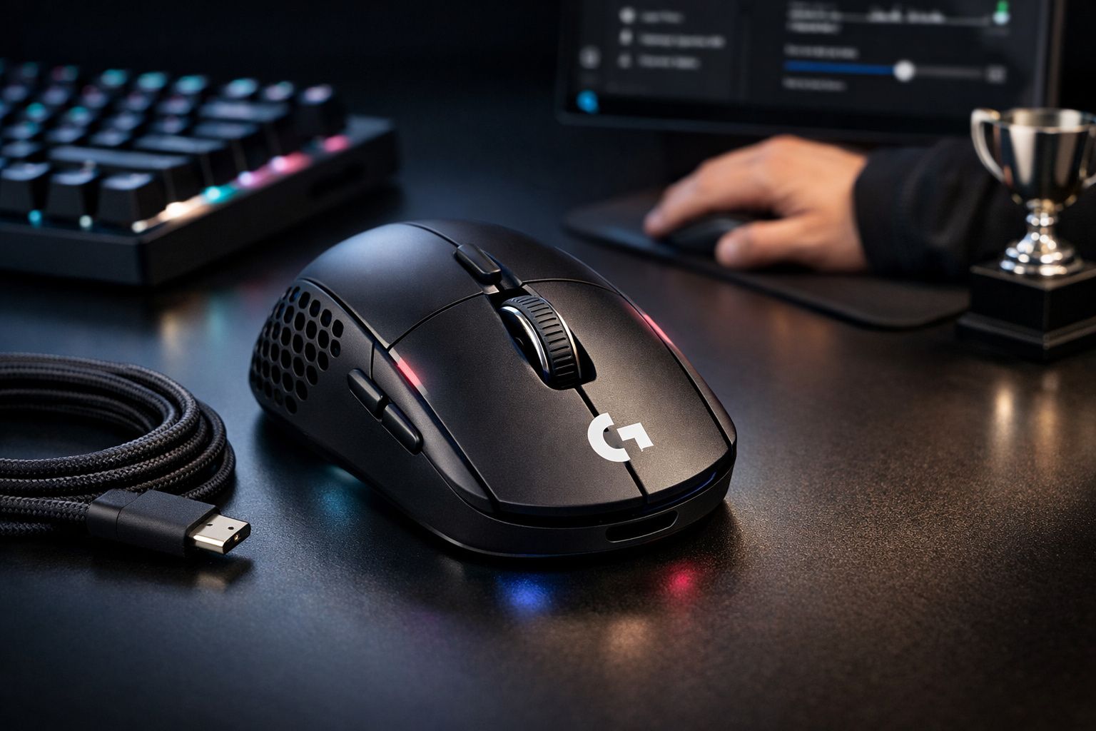 Rato de gaming preto com iluminação RGB, com teclado, cabo USB e mão no rato ao fundo numa secretária.
