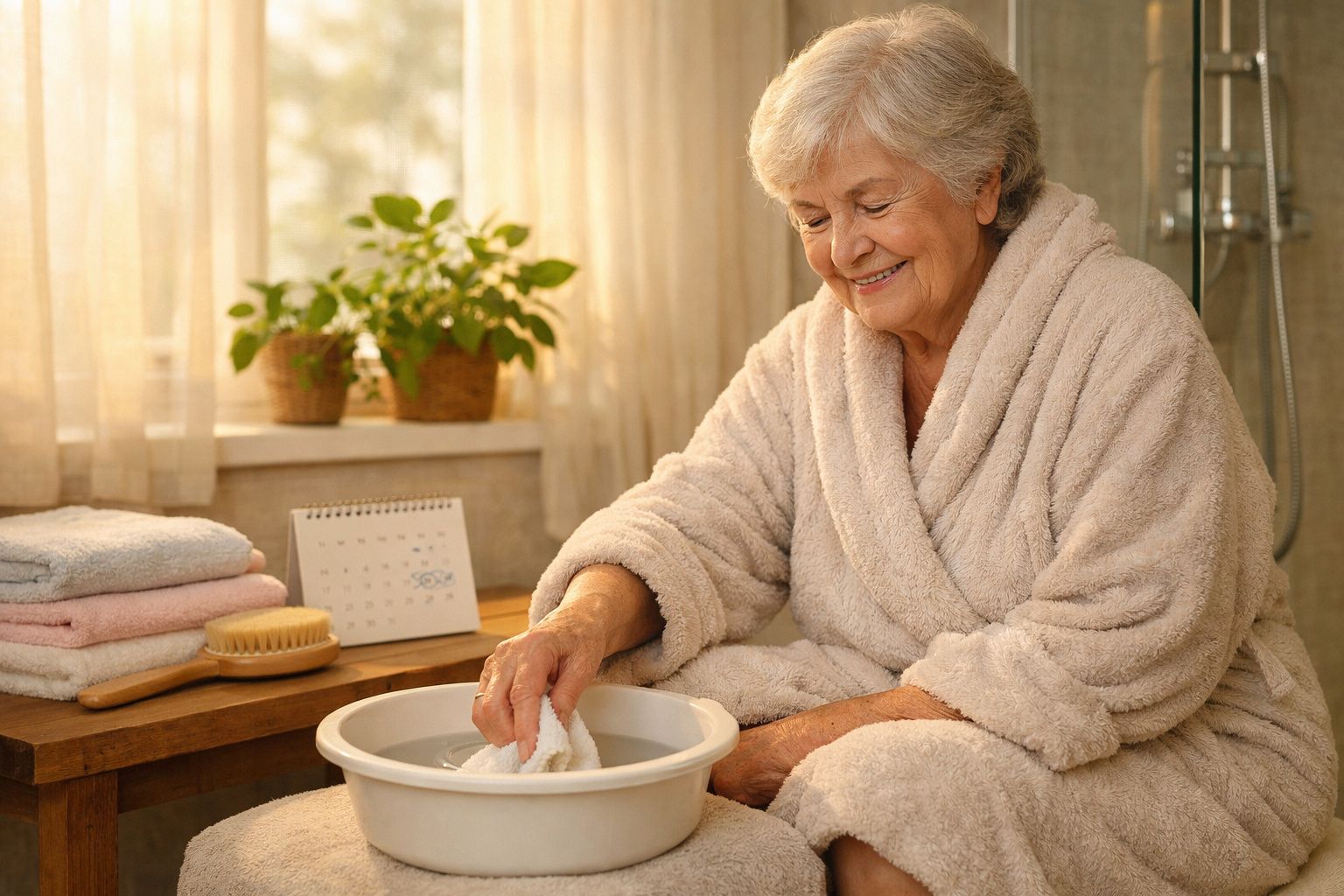 Idosa sorridente em roupão branco a lavar as mãos numa bacia num ambiente luminoso e acolhedor.