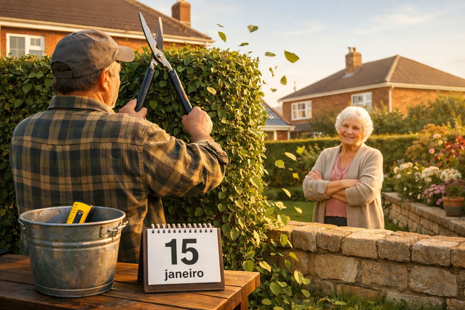 Homem a podar sebe numa manhã de inverno, mulher sorridente observa do outro lado do muro.