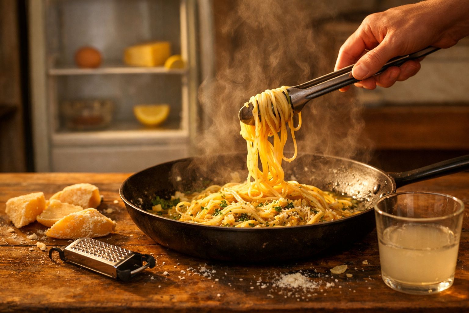 Massa espaguete quente numa frigideira, com queijo ralado e coentros, ao lado de pedaços de queijo e um copo.