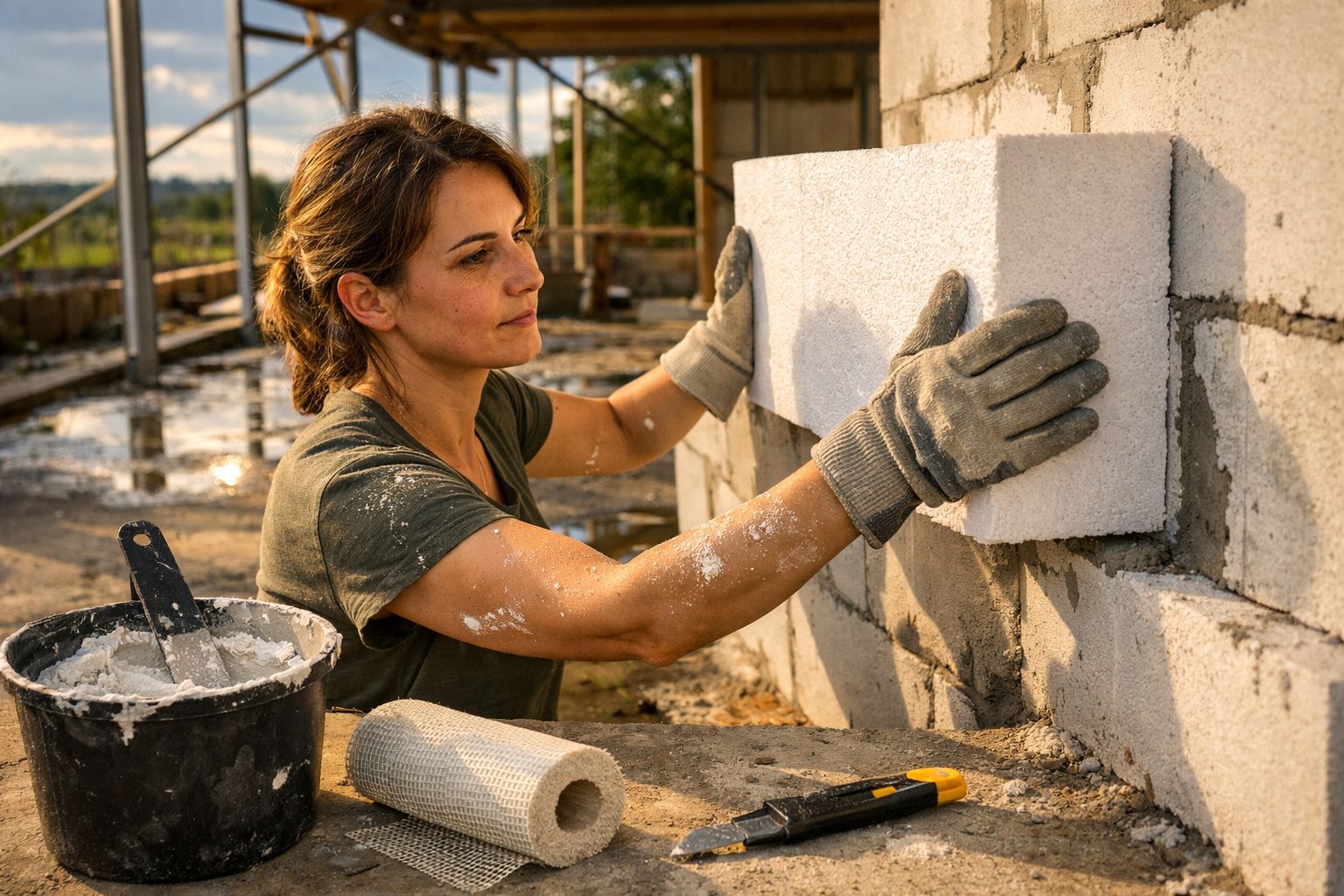 Mulher com luvas a colocar bloco de cimento numa parede em obra ao ar livre.