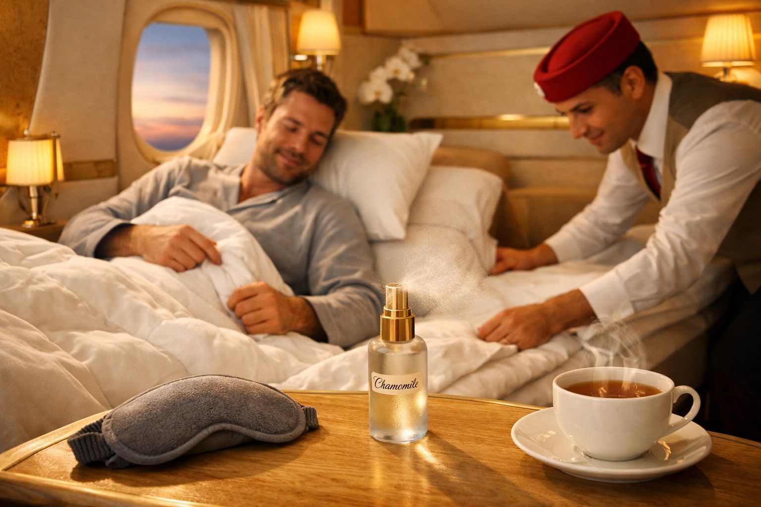 Passageiro relaxa na cama de uma cabine luxuosa enquanto comissário arruma os lençóis.