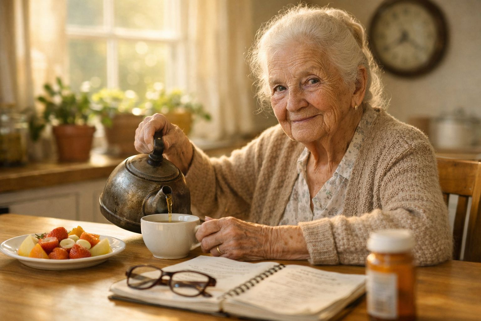 Idosa sorridente a servir chá numa chávena numa cozinha iluminada, com uma tigela de fruta e óculos na mesa.
