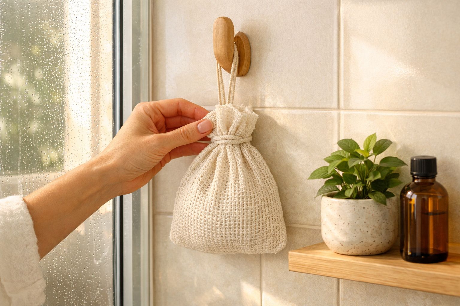 Mão pendura saco de pano num gancho de madeira numa casa de banho com janela e plantas decorativas.