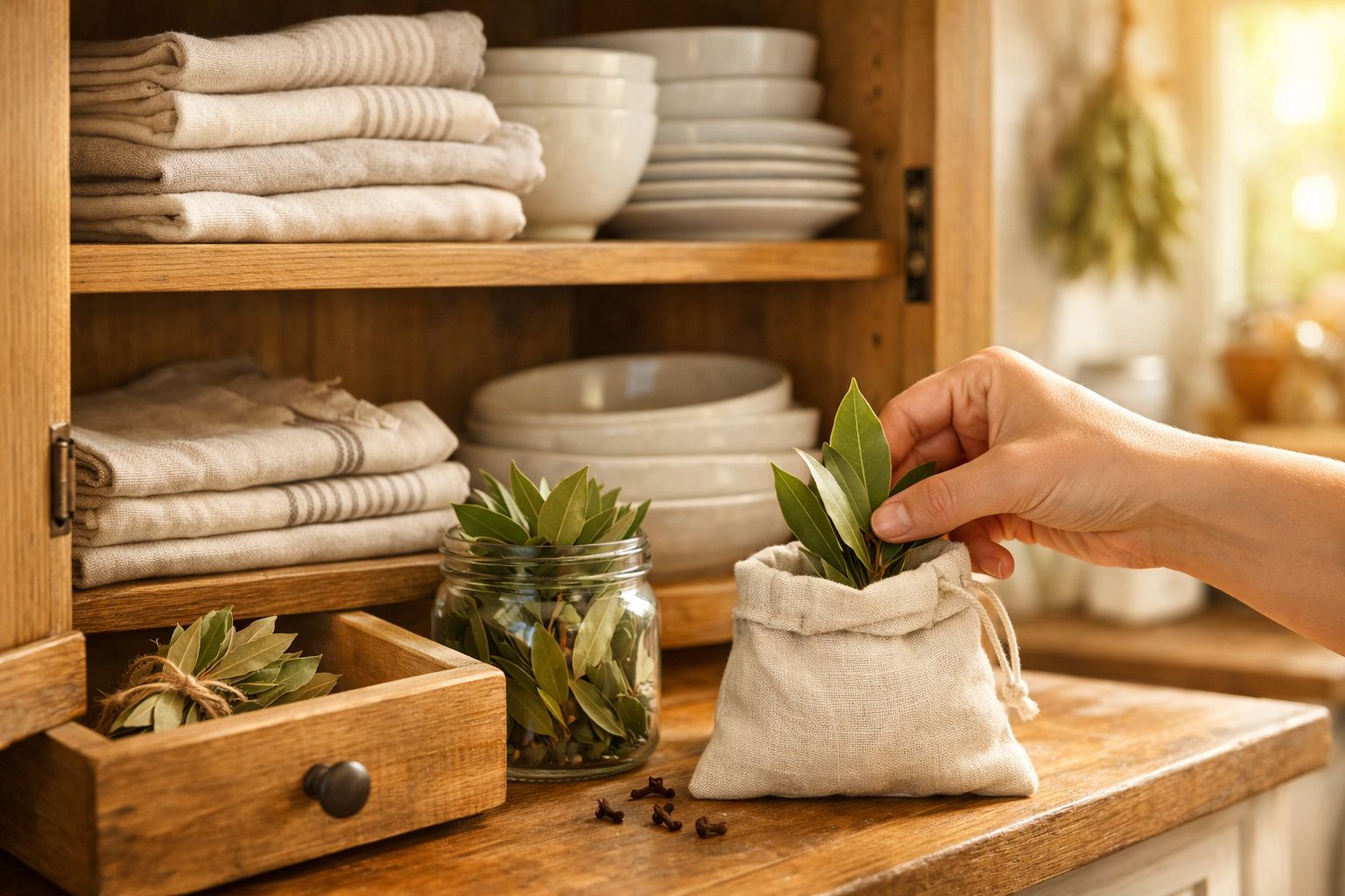 Mão a colocar folhas de louro num saco de tecido, ao lado de frasco com louro e roupa dobrada numa prateleira de madeira.