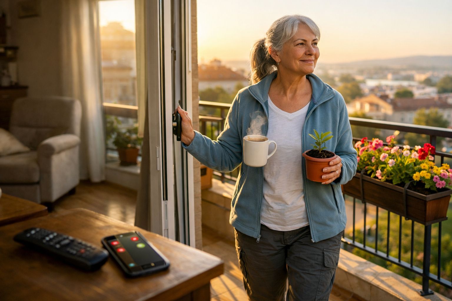 Mulher idosa com casaco azul segura caneca e vaso com planta na varanda ao amanhecer.
