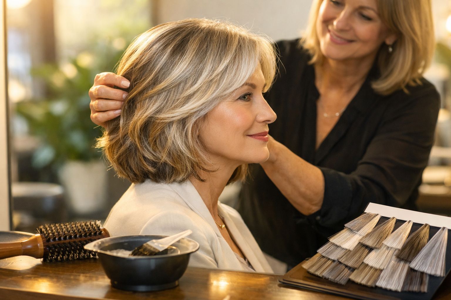 Mulher com cabelo grisalho a ser penteada num salão, com amostras de cor de cabelo junto.