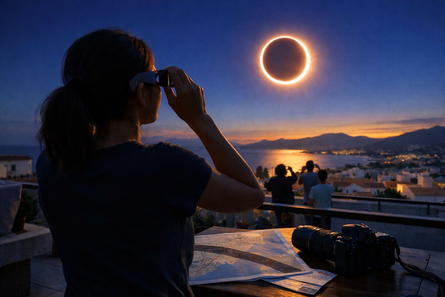 Pessoa a observar eclipse solar com óculos especiais ao entardecer numa varanda com vista para a cidade e mar.