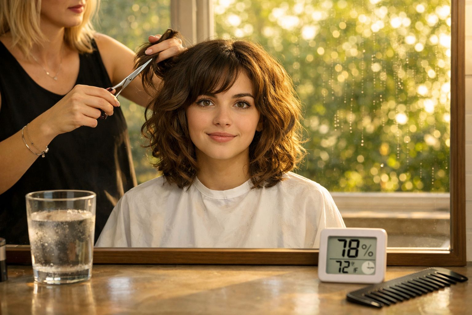 Mulher sorridente com capa de corte de cabelo, personalizada por cabeleireira, refletida num espelho junto a janela.