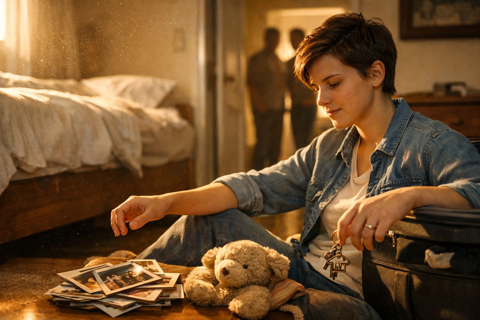 Mulher sentada no chão junto a fotografias, ursinho de peluche e chaveiro com casa numa divisão com luz quente.