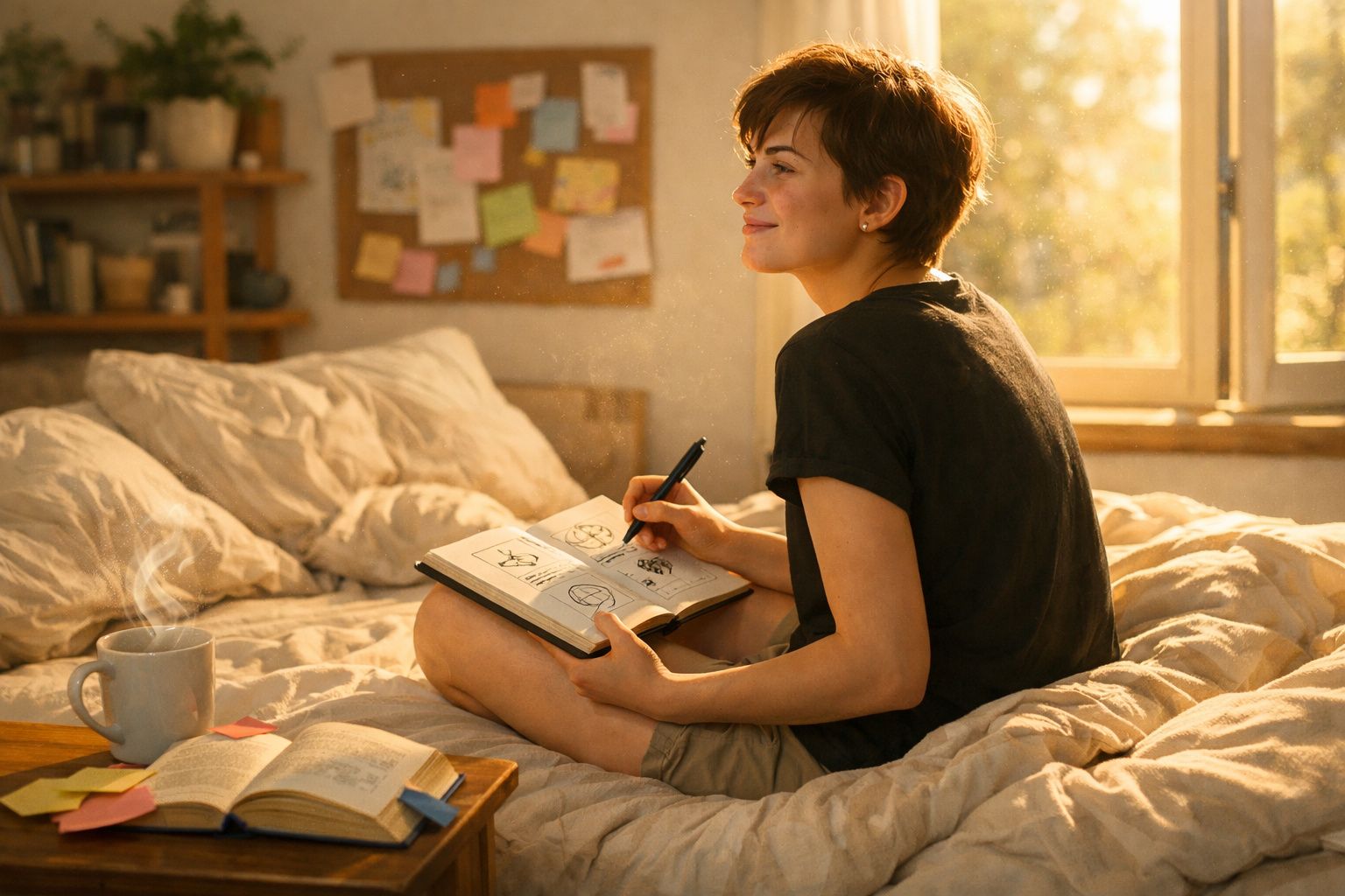 Pessoa sentada na cama a desenhar num caderno, com luz suave a entrar pela janela e chá numa chávena.