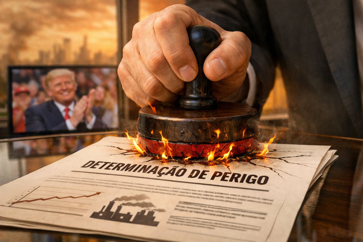 Mão com carimbo em documento “Determinação de Perigo” com fogo, tela com imagem desfocada de homem aplaudindo ao fundo.