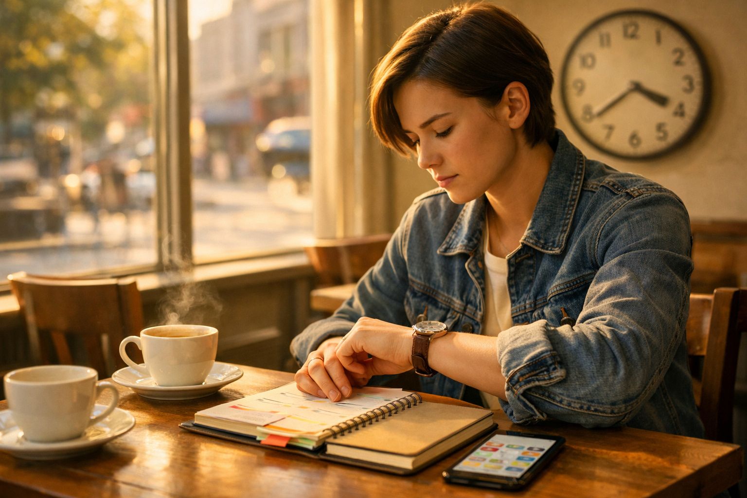 Pessoa jovem sentada numa mesa de café, a olhar para o relógio enquanto consulta um caderno aberto.
