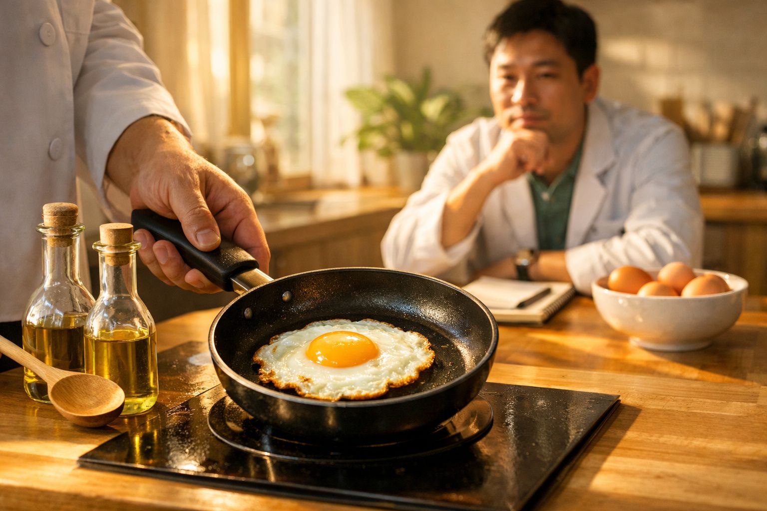Pessoa a cozinhar um ovo estrelado numa frigideira, com outra pessoa a observar ao fundo.