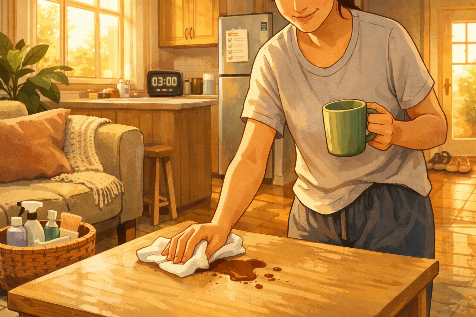 Pessoa limpa mesa de madeira numa sala com luz natural, segurando uma caneca verde.