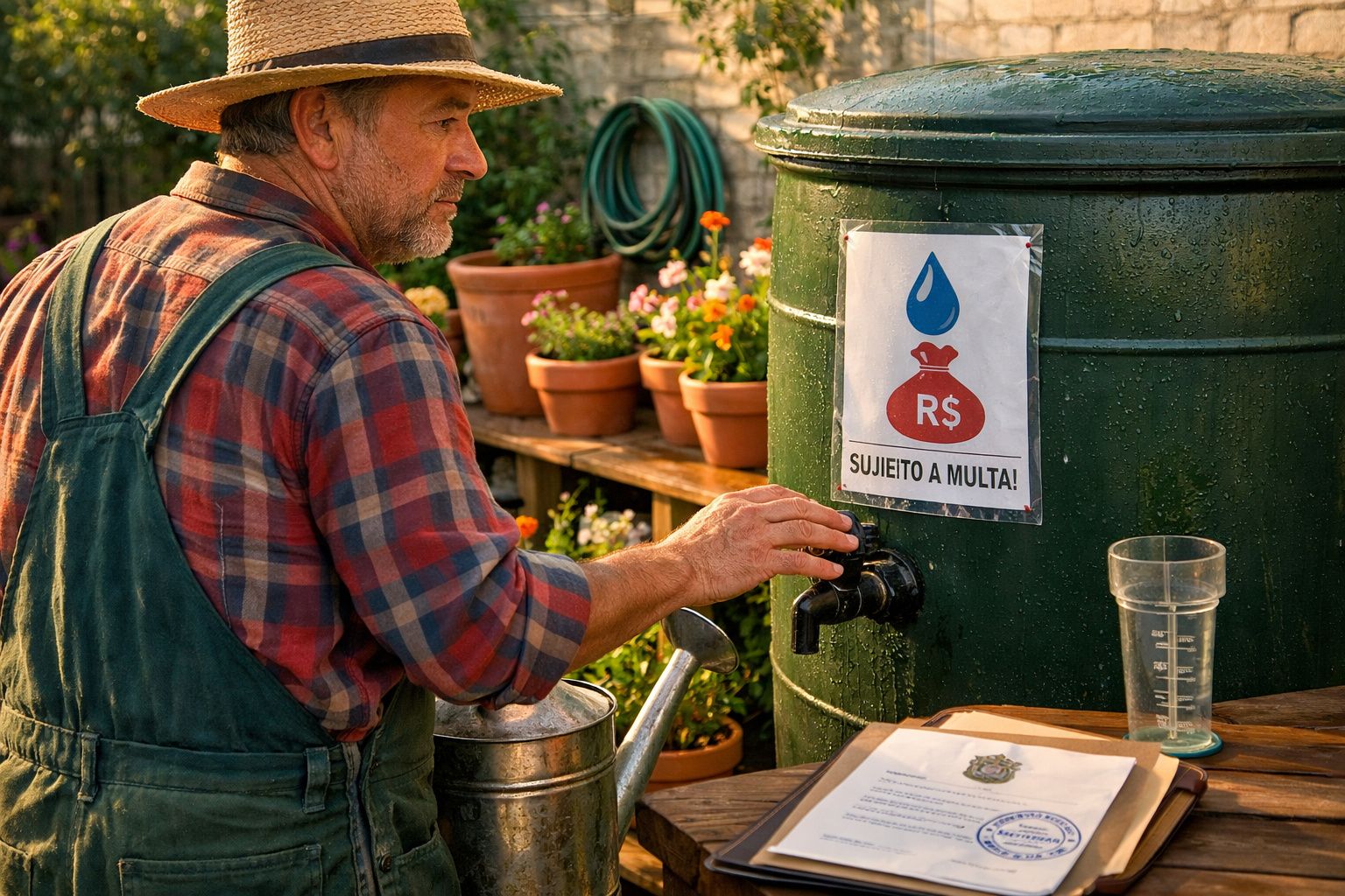 Homem com chapéu e roupas de jardineiro fechando torneira de reservatório com aviso de multa por desperdício de água.