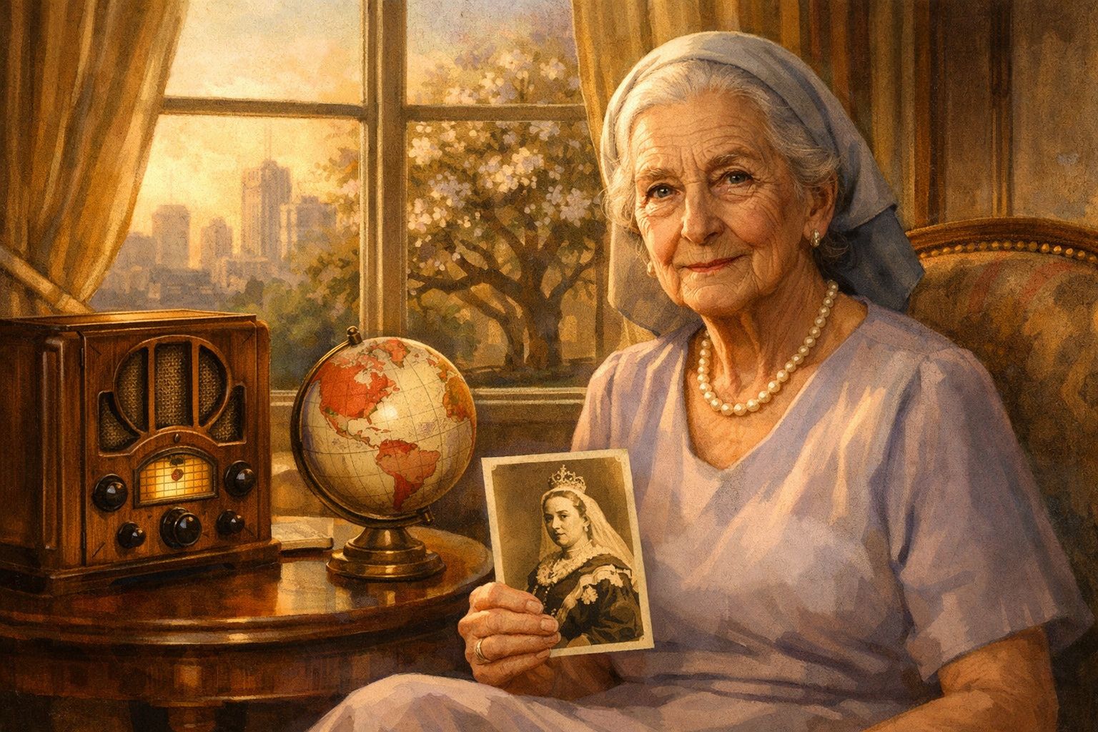 Idosa sentada a segurar fotografia antiga de mulher com coroa, junto a rádio antigo e globo terrestre.