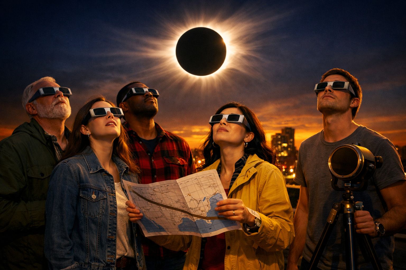 Cinco pessoas com óculos especiais observam um eclipse solar total ao entardecer na cidade.