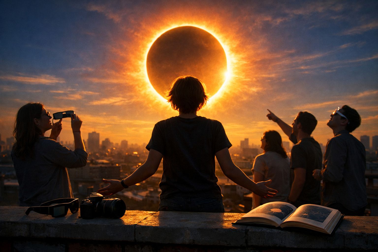Cinco pessoas observam um eclipse solar na cidade ao pôr do sol, algumas usando óculos especiais.