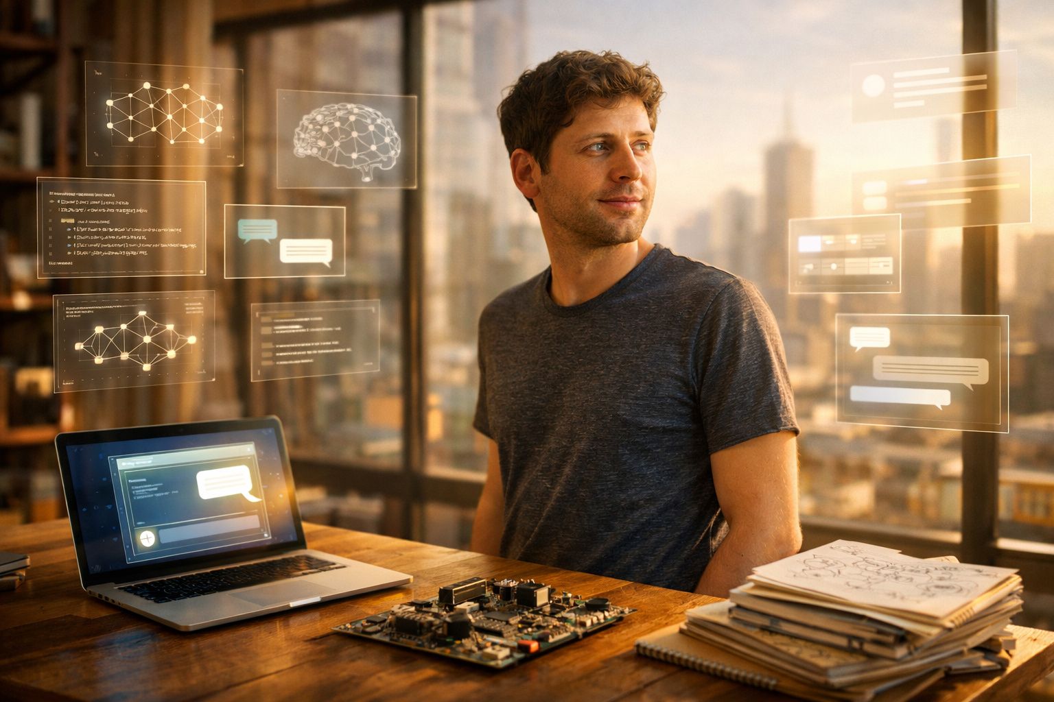 Homem sentado em mesa com computador portátil, circuitos eletrónicos e gráficos digitais flutuantes num escritório.