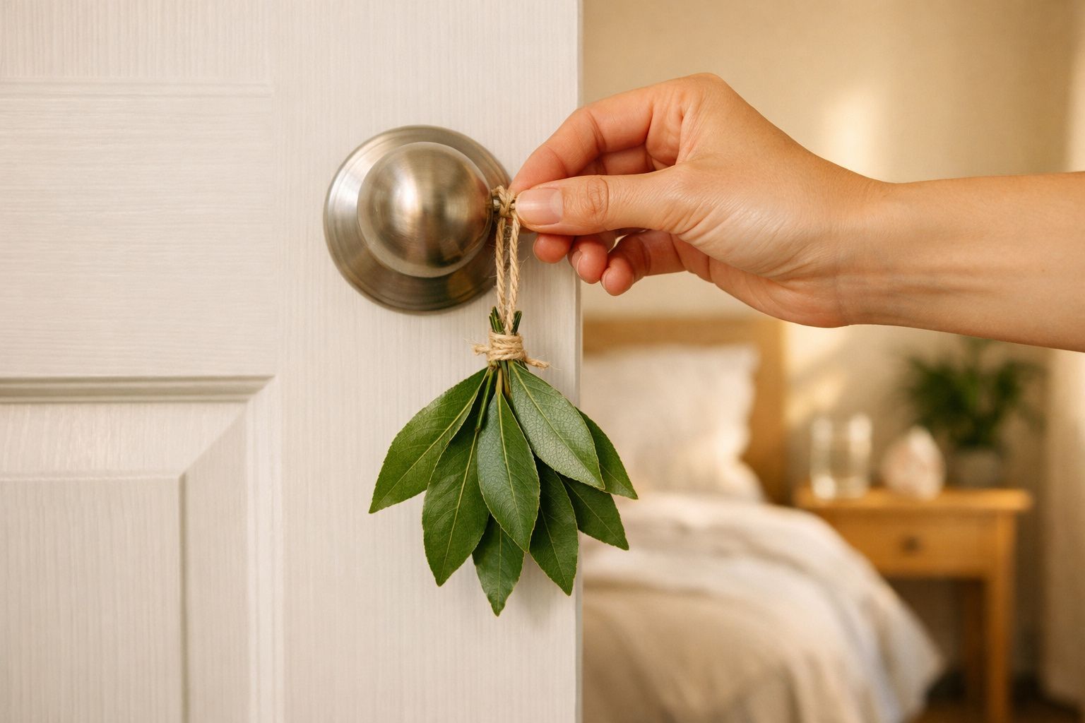 Mão a pendurar ramo de folhas verdes num puxador de porta de quarto com móveis desfocados ao fundo.