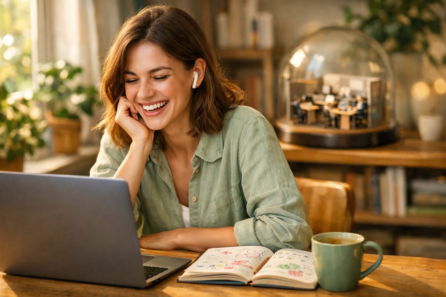 Mulher sorridente com auriculares a trabalhar num computador portátil, com caderno e chá numa mesa de madeira.