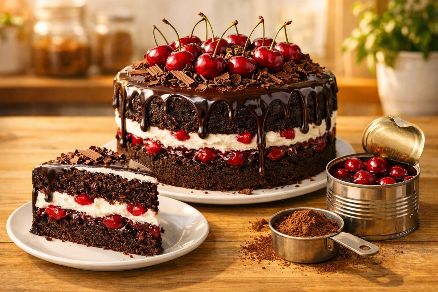 Bolo de chocolate com cobertura de ganache, cerejas frescas e recheio de creme e cerejas, acompanhado de lata aberta de cerej