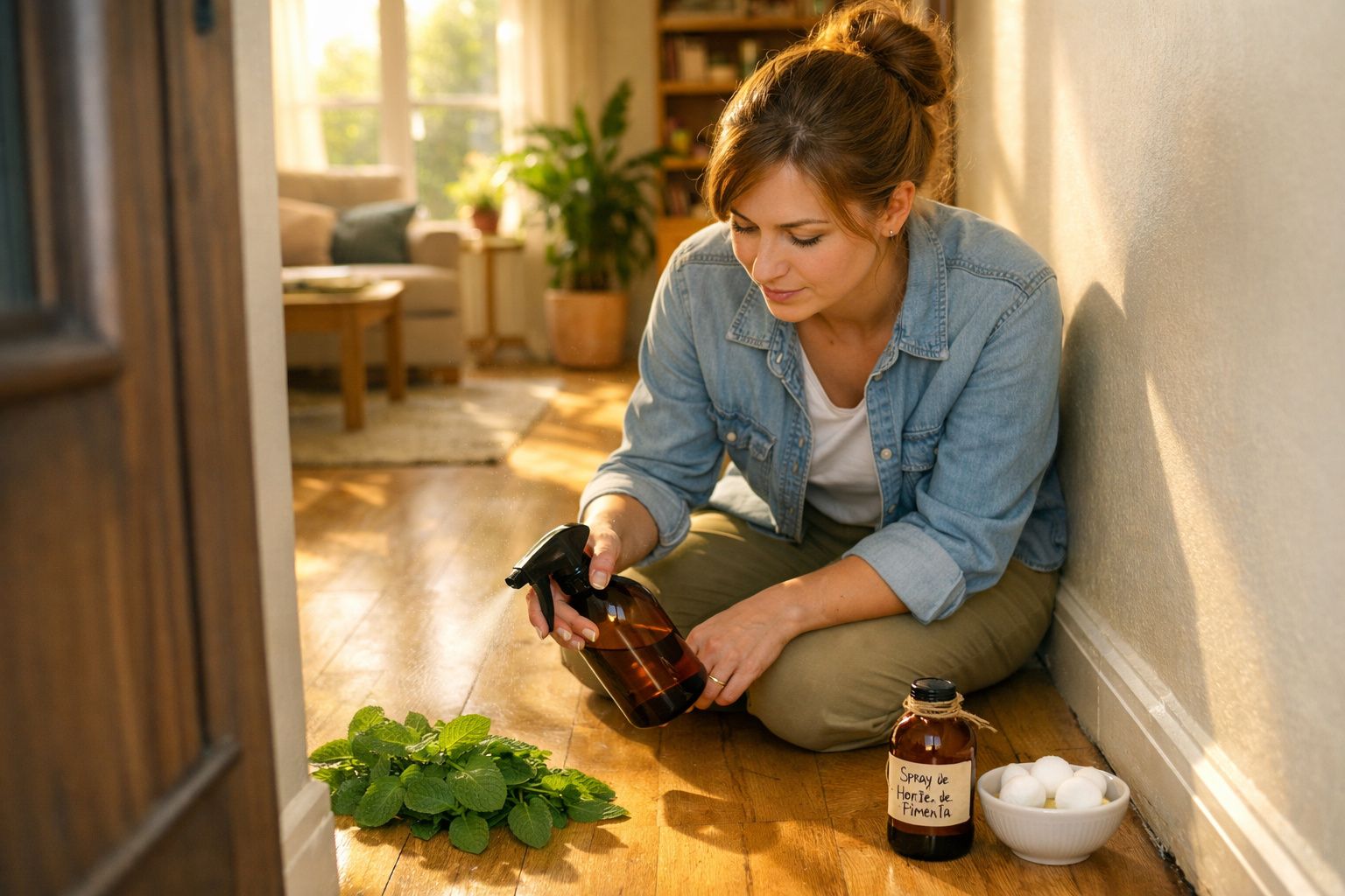 Mulher sentada no chão a regar plantas com um pulverizador num ambiente interior iluminado.