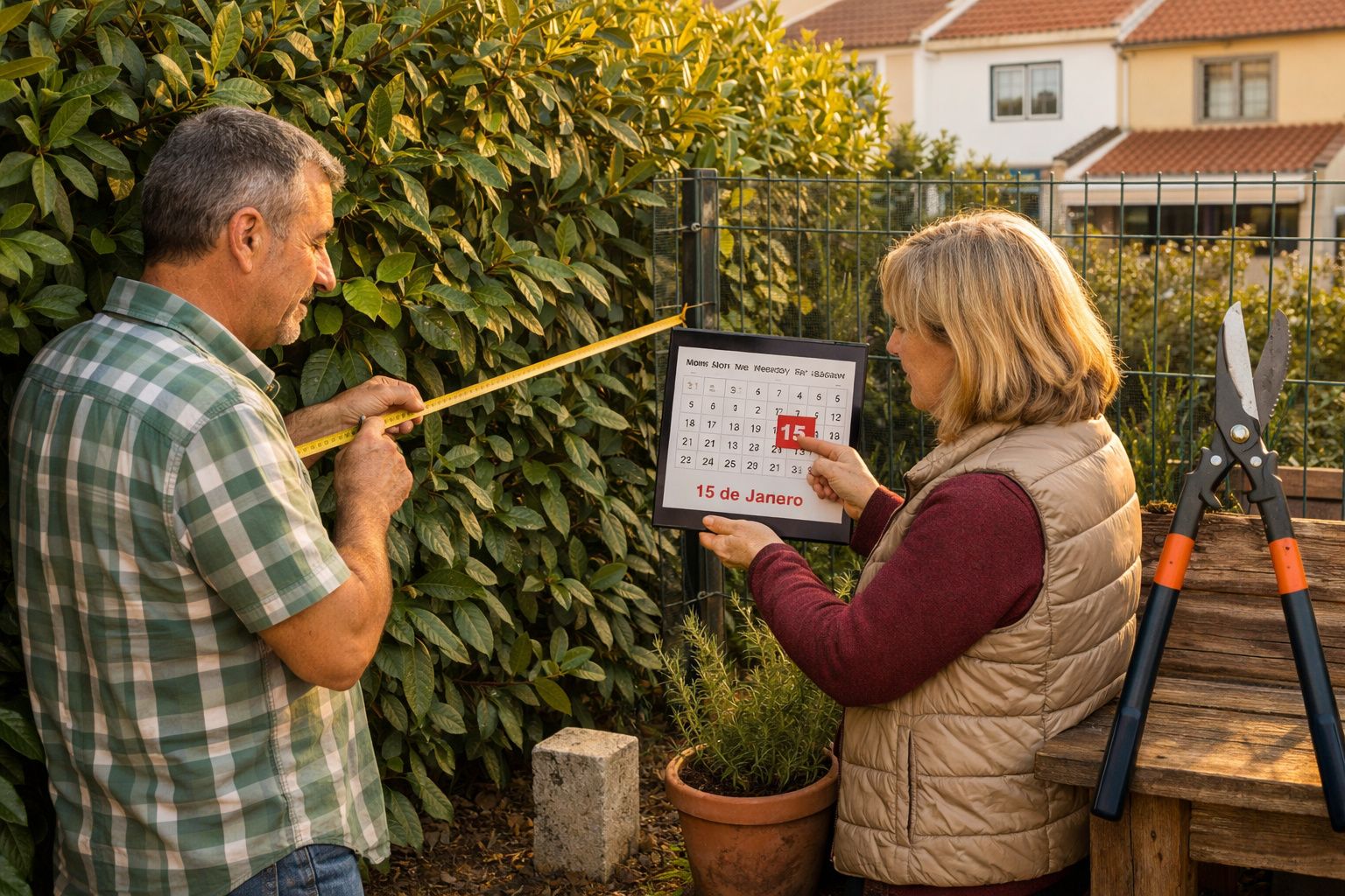 Homem a medir sebe com fita métrica enquanto mulher segura calendário apontando 15 de janeiro.