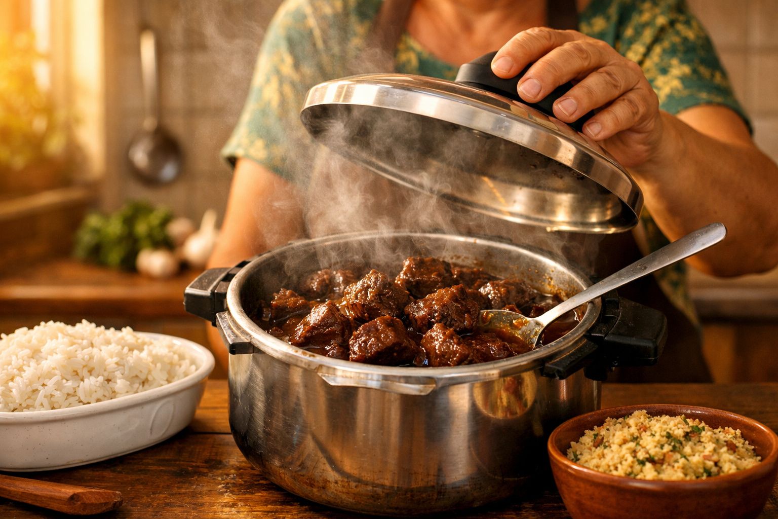 Panela aberta com carne guisada fumegante, acompanhado de arroz e salada num ambiente caseiro.