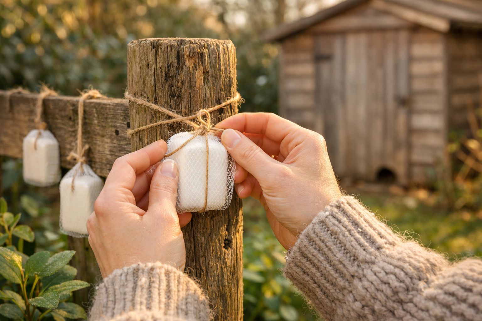 Pessoa a amarrar saquinhos de rede com blocos brancos em postes de madeira num jardim.